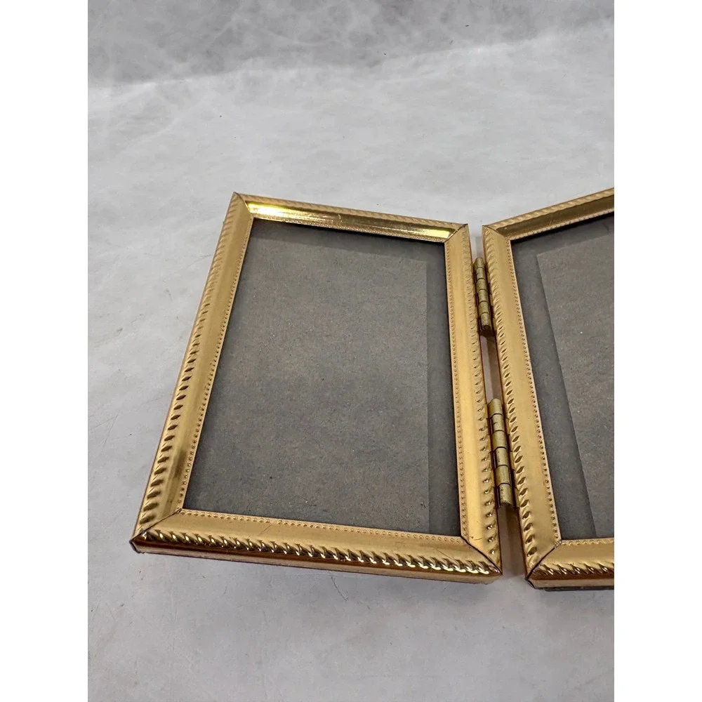 Vintage Gold Metal Double Folding Picture Frame Ornate Filigree Glass 2.5x3.5